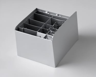 Close-up of metal press parts and copper strips neatly arranged on a workshop table.