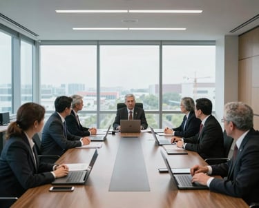 A sleek, modern workspace with two professionals discussing financial charts under soft natural light.