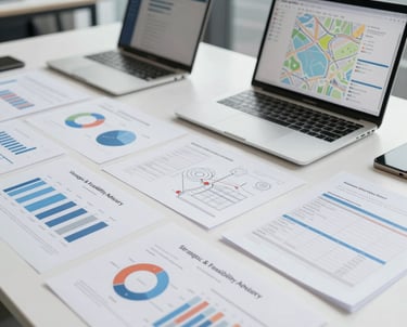 Abstract depiction of data analytics with charts and connecting dots in cool indigo and purple tones.