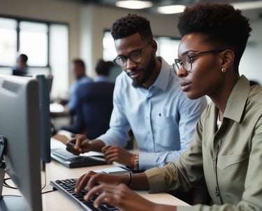 A team of IT professionals collaborating over laptops and digital devices in a modern office.