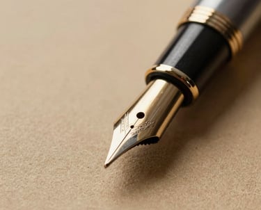 Close-up of a high-quality fountain pen tip on thick, textured paper. Warm sand tones. Detail-oriented photography.