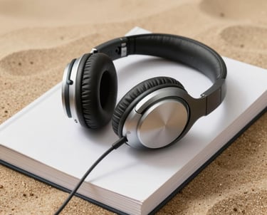 A pair of high-quality headphones resting on a stack of journals. Paper white and warm sand palette. Quiet, focused energy.