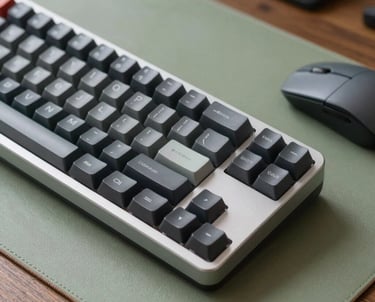 Close-up of a high-end mechanical keyboard and a minimalist mouse on a sage green desk pad. Professional and modern. No people.