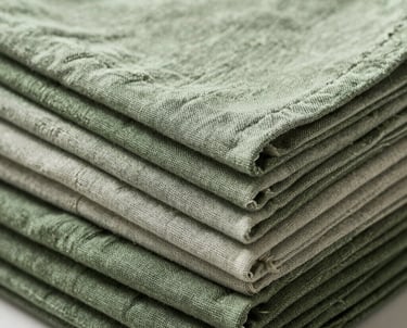 Close-up of a stack of linen napkins in various shades of sage and forest green. Natural textures, professional lighting.