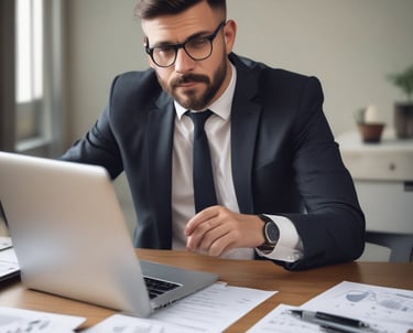 Businessperson negotiating deals over a laptop with charts and contracts.
