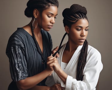 Portrait of a smiling female hairdresser with short curly hair in a salon.