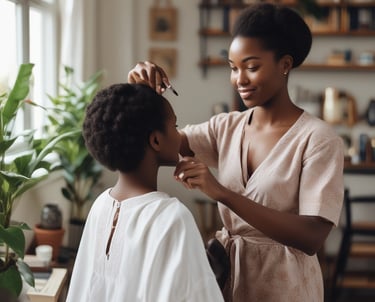 Photo of a professional hairdresser styling a client’s hair in a bright salon.