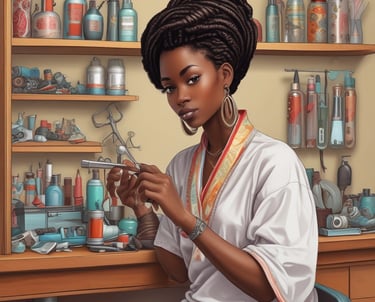 A friendly hairstylist braiding a client's hair in a cozy home setting.