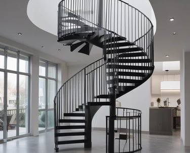 A craftsman welding a stainless steel staircase railing in a bright workshop.