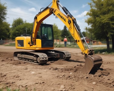 A skilled operator maneuvering heavy equipment on a sunny worksite surrounded by well-kept grounds.