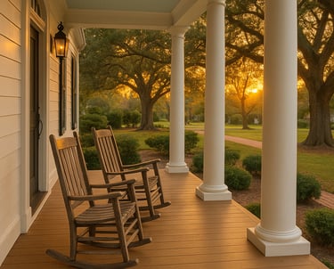 An Acadian style porch built with long lasting composite wood