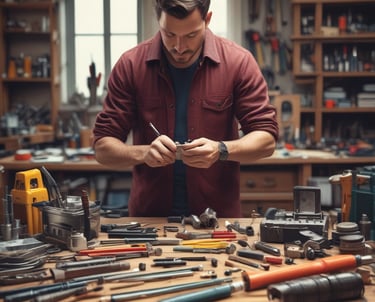 A bright, clean workspace featuring a selection of hand tools and kitchen essentials arranged neatly on a white background.