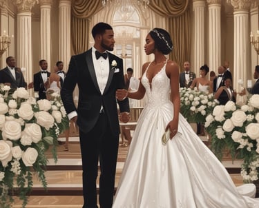 An opulent wedding ceremony setup with white drapery, pink and mauve floral arches, and golden accents.