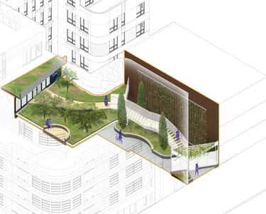 A rendered diagram of a curving stair in a courtyard