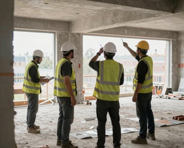 Modern construction site with workers installing high-end finishes in a bright, minimalist interior.