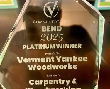 CommunityVotes Bend 2025 Platinum Winner award for Vermont Yankee Woodworks in carpentry and woodworking.