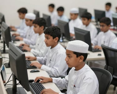 Interior view of a serene library with wooden shelves filled with books and comfortable reading areas.