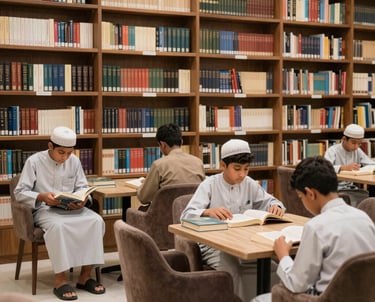 Architectural sketch of a mosque-inspired school building surrounded by greenery.