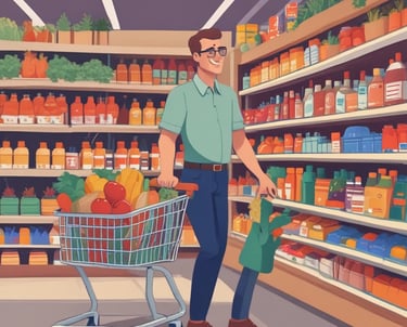 Volunteers handing out grocery bags to smiling families in a community center.