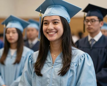 An uplifting, candid shot of a young adult graduating from a community mentorship program in a North American setting. The style is professional and dignified, with a palette of light blue and soft tan reflecting a sense of achievement.