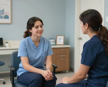 A peaceful, warm consultation room in a North American community clinic. The scene conveys compassion and trust, featuring clean design with soft gray-blue and dark blue elements, emphasizing professional dignity and wellness.