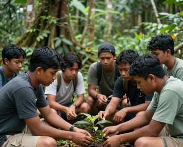 A group of young Southeast Asian / Indonesian people engaged in an outdoor educational workshop about forest preservation, natural lighting, forest green and sage green surroundings.