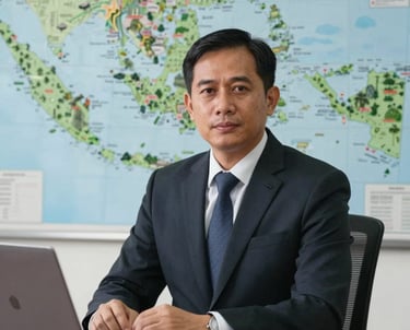 A professional Southeast Asian / Indonesian legal consultant in an office setting with maps of forest regions, emphasizing integrity and data-driven environmental advocacy.