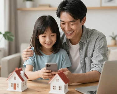 A friendly mortgage broker smiling while discussing home loan options with a young couple in a cozy office.