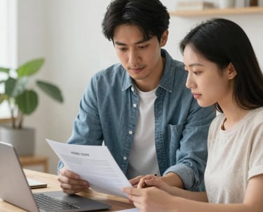 A friendly mortgage broker discussing options with a young couple in a cozy home setting.