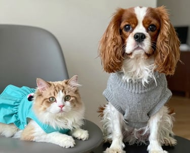 Una gata de pelo largo con un vestido azul y un Cavalier King Charles con un suéter gris juntos