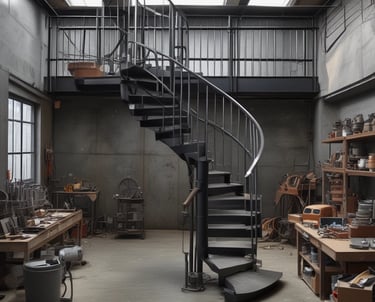 A skilled welder working on a sleek stainless steel railing in a bright workshop.