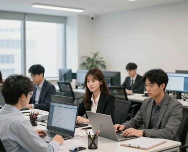 A vibrant office scene showing diverse professionals collaborating on laptops.