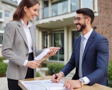 A friendly real estate agent discussing property options with a smiling couple in a bright, blue-and-white themed office.