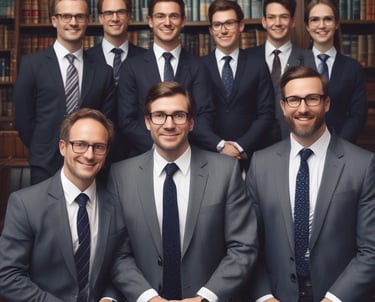 Modern legal team collaborating in a sleek office setting with blue night and gold accents.