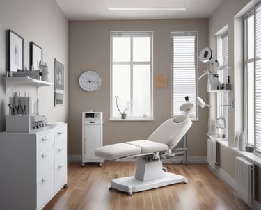 A sleek modern clinic room showcasing advanced dermatology and laser equipment.