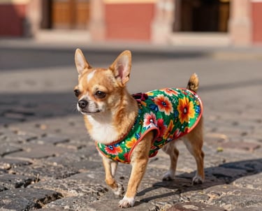 perrito chihuahua con pechera de estampado de flores