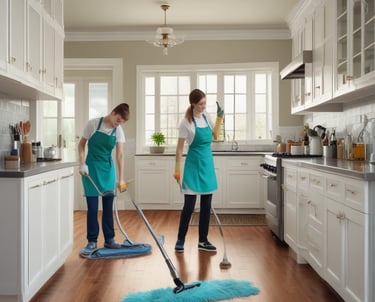 A team of cleaners performing deep cleaning in a living room.