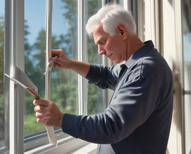 A smiling artisan cleaning a residential window with care in a sunny home.