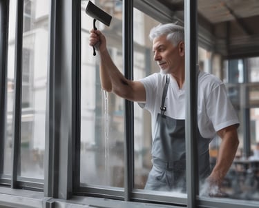 A professional window cleaner using a squeegee on a large commercial building window.