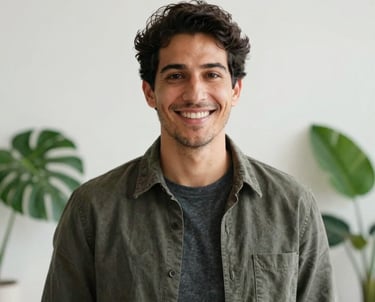 Portrait of a creative professional in a casual but smart outfit, standing in a bright Portuguese studio. The background is minimalist with a touch of Matte Forest Green plants. Professional headshot, friendly expression.