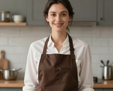 Portrait of a professional woman with a warm smile, wearing a stylish brown apron in a modern kitchen studio. Soft lighting, sophisticated Continental style.
