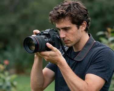 Portrait of a young man with a camera, focused and professional, standing outdoors in a garden setting in Portugal. Matte Forest Green background.