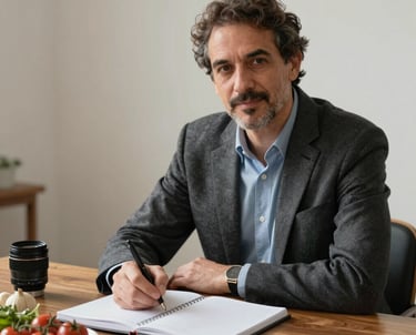 Portrait of a creative writer at a wooden desk with a notebook and fresh ingredients nearby. Elegant and professional atmosphere, Portuguese setting.
