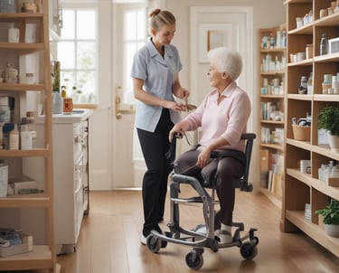 A caregiver gently assisting an elderly woman with grooming in a cozy home setting.