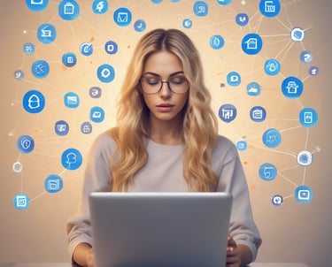 A focused woman uses a laptop under a complex network of floating social media and app icons.