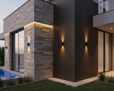Modern luxury villa exterior with stone cladding, dark wood siding, and outdoor landscape lighting.