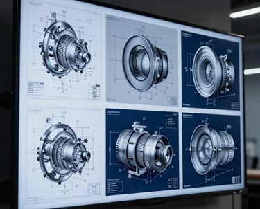 Engineering blueprints and 3D models displayed on a large screen in a dimly lit, professional studio. Silver-blue and deep navy blue tones. General / Spanish-speaking.