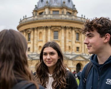 Estudantes em frente da universidade em Oxford.