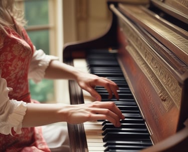 A close-up of hands gracefully playing a classical piano keyboard in a softly lit room.