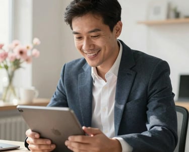 An International / English-speaking professional wearing a smart casual blazer, smiling warmly while looking at a tablet screen. The background is a clean, sunlit workspace with light pink floral decorations.